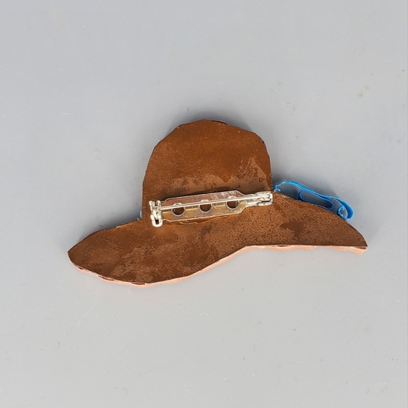 Brown Paper Hat Handmade Pin Brooch and Blue Earring Set - Picture 5 of 5